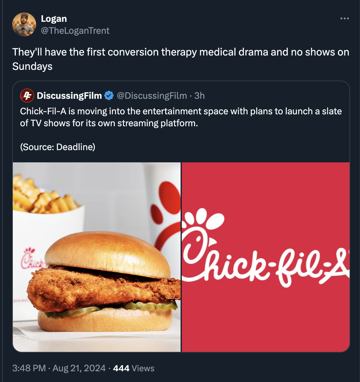 take-out food - Logan They'll have the first conversion therapy medical drama and no shows on Sundays DiscussingFilm 3h ChickFilA is moving into the entertainment space with plans to launch a slate of Tv shows for its own streaming platform. Source Deadli